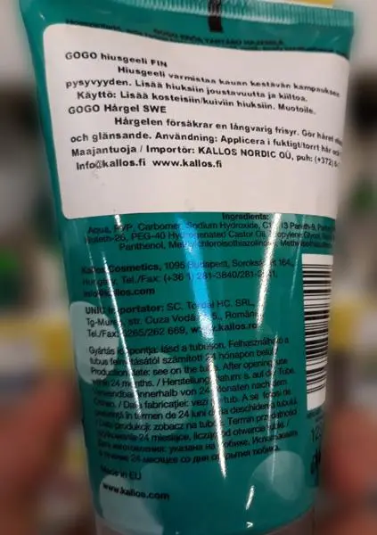 Foto aus der offiziellen Meldung: Kallos cosmetics gogo Styling gel strong hold Haarstyling Gel — Risiko: Chemikalie