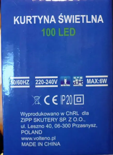 Photo from the official notice: VOLTENO Life Energy Kurtyna Swietlna 100 LED lighting chain — fire risk