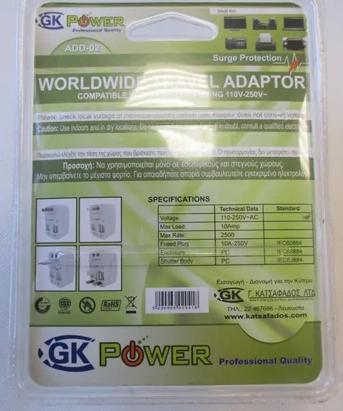 Foto uit de officiële melding: GK Power WORLDWIDE TRAVEL ADAPTOR Reisstekkeradapter — risico: Elektrische schok