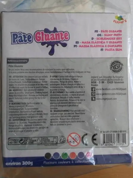 Foto dell’avviso ufficiale: Flypop's, Mgm Slim'pop - Pâte gluante Melma del giocattolo — rischio: Rischio chimico