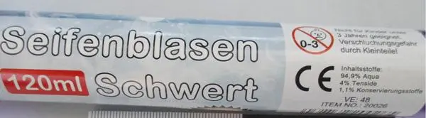 Photo de l’avis officiel: Seifenblasen Schwert Jouet à bulles de savon — risque: Risque microbiologique