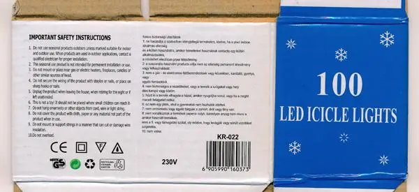 Photo de l’avis officiel: 100 LED ICICLE LIGHTS chaîne d’éclairage — risque: Choc électrique & Incendie