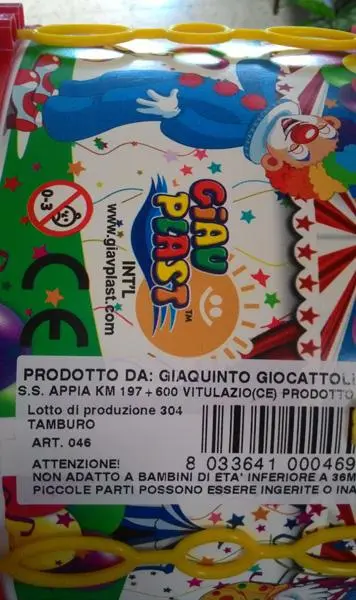 Photo from the official notice: GIAV PLAST Tamburo toy drums — strangulation risk