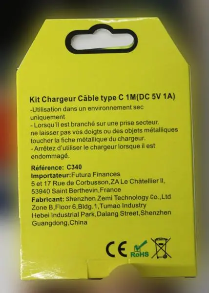 Photo de l’avis officiel: Kit chargeur câble type C 1M (DC 5V 1A) Kit de chargeur — risque: Choc électrique & Incendie