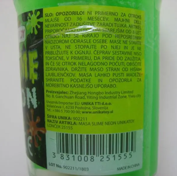 Photo de l’avis officiel: Unikatoy SLIME NEON Jouet slime — risque: Risque chimique