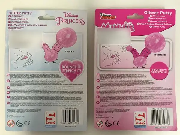 Photo de l’avis officiel: 1) Disney Princess 2) Disney Junior, Minnie Glitter Putty — risque: Risque chimique