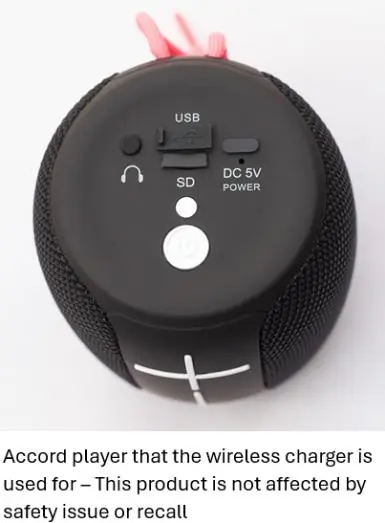 Photo from the official notice: Fantasy Wireless charging pad supplied with a Royal National Institute of Blind People (RNIB) branded accord p — fire risk