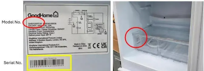 Photo from the official notice: GoodHome Integrated Fridge Freezers — fire risk