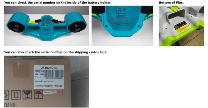 Photo from the official notice: Jobe Seascooter and Jobe Flux — electric shock risk