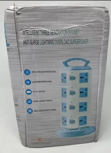 Photo from the official notice: Kuankuanbao Power Strip Surge Protector Tower with 8 Sockets and 3 USB Ports sold via Fruugo — electric shock risk