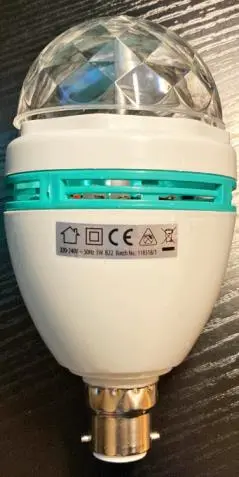 Photo from the official notice: LED Party Light B22 — electric shock risk