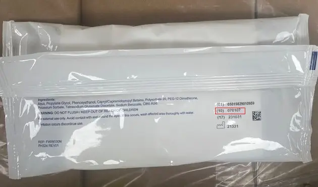 Photo from the official notice: Personal Cleansing Products under brand names Caremore, CCN/Medirite, CHL, Countrywide, Fairfield and Fittlewo — microbiological risk