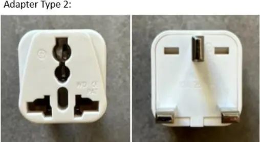 Photo from the official notice: White UK Plug Adapters supplied with certain Electric Pumps used for AirTumble Gymnastic Tracks — fire & electric shock risk