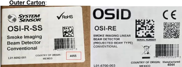 Photo from the official notice: Xtralis and System Sensor OSID-R Conventional Detector — fire risk