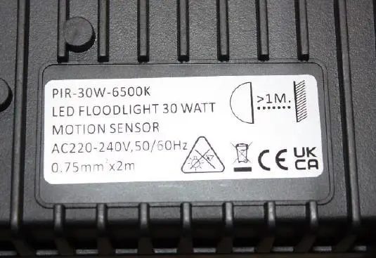 Photo from the official notice: 30W LED Flood Light, PIR-30W-6500K sold via Amazon — fire & electric shock risk