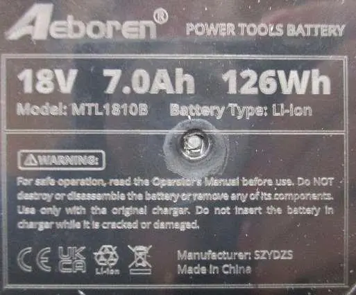 Photo from the official notice: Aeboren 18V Lithium-Ion Battery for Power Tools sold via Temu — fire risk