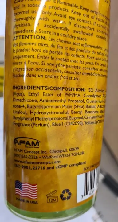 Photo from the official notice: AFAM Concept Inc American Silky Straight System Shea Butter Spritz — chemical risk