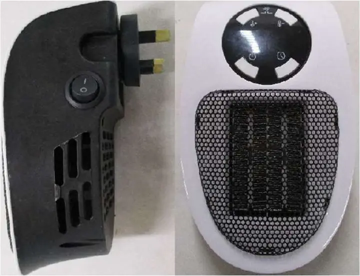 Photo from the official notice: Black and white portable heater sold via Amazon (B0BRW4YQ7S) — fire risk