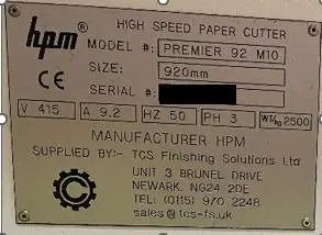 Photo from the official notice: CCM Premier 92 HPM Premier 92 M10 Paper Guillotine — damage to hearing risk