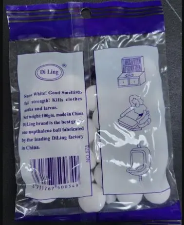 Photo from the official notice: Di Ling Pai Pearl Moth Balls — chemical risk