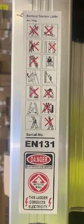 Photo from the official notice: Extension Ladder — falls risk