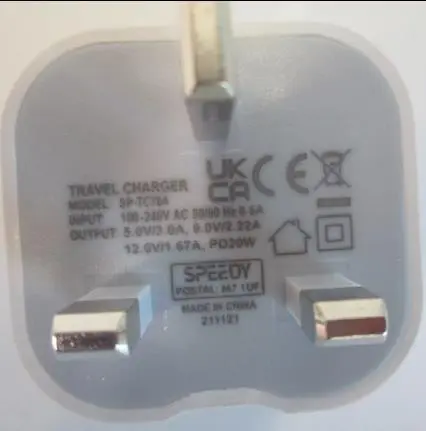 Photo from the official notice: Fast Charge USB-C Plug 20W Replacement Charger for iPhone 12 and Samsung sold via Etsy — electric shock risk