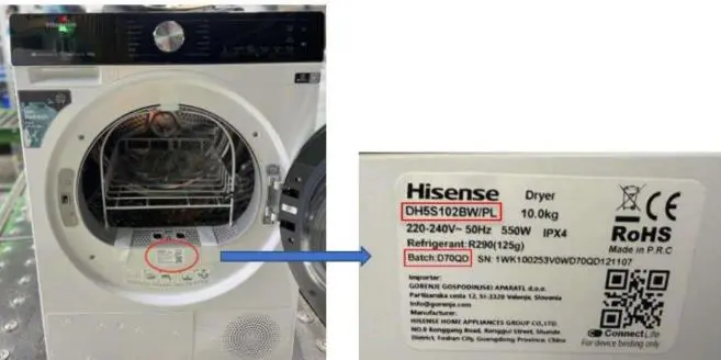 Photo from the official notice: Hisense Heat Pump Tumble Dryer — fire risk