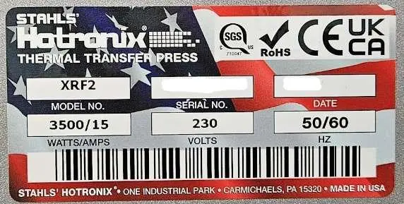 Photo from the official notice: Hotronix Heat Presses — fire risk