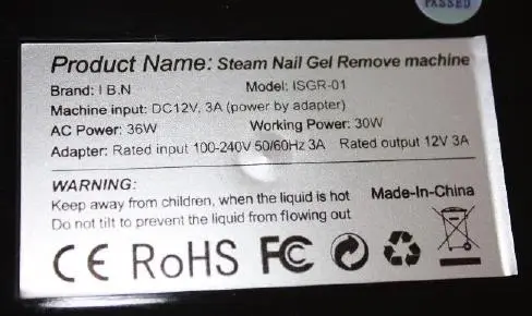 Photo from the official notice: I.B.N. Steam Nail Gel Removal Machine sold via Amazon — electric shock risk