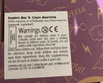 Photo from the official notice: Letterbox Lab Explore Box 9 and Investigate Box 9 Child's Science Experiment Kit containing Water Beads — suffocation & ingestion risk