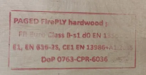 Photo from the official notice: PAGED BirchPly FR Plywood — fire risk