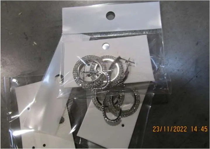 Photo from the official notice: Silver coloured metal earrings — chemical risk