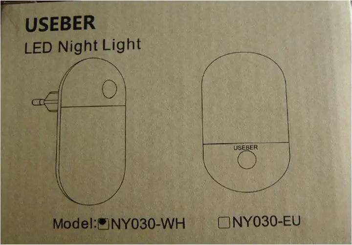 Photo from the official notice: Useber NY030-WH LED night light sold via Amazon — fire & electric shock risk