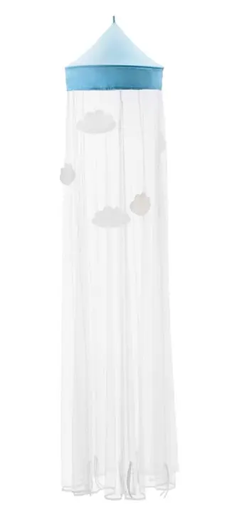 Blue pointed canopy top with white mesh fabric and white clouds