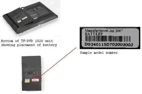 TF-DVD1020 battery pack with white sticker and serial number