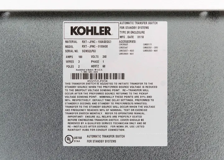 Photo from the official notice: Kohler Recalls Automatic Transfer Switches for Kohler Generators Due to Fire Hazard