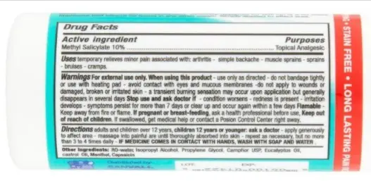 Recalled Sanvall Rapid Alivio Pain Relieving Roll-On – label