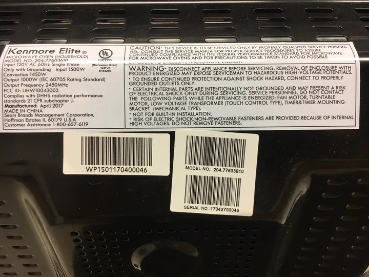 Model and serial numbers on the back of recalled microwave ovens