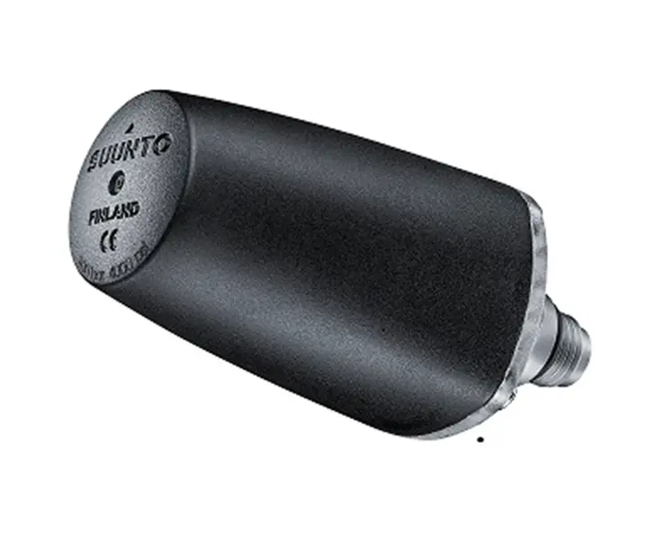 LED model (2013 to April 2017) - Suunto Wireless Tank Pressure Transmitter with black cone-shaped cone with SUUNTO FINLAND on top, with transparent base with LED light.