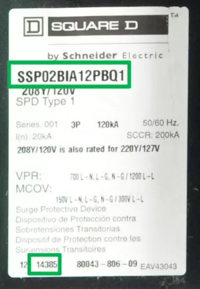 Example of a label on recalled Schneider Electric Surgeloc Surge Protection Device with the Location of the catalog number and date code