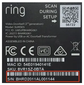 The model and serial number are printed on a label on the back of the doorbell.