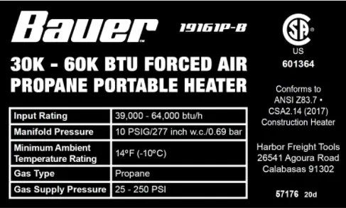 Ratings label located at rear of unit with Heater item number 57176
