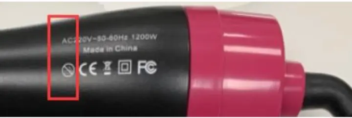 Rear view showing "not waterproof" symbol to the left of the CE