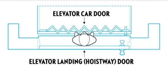 Typical scenario depicting a child trapped between an exterior landing (hoistway) door and an interior elevator car door. The exterior door locks the child in the space between the doors when the elevator is called to another floor, putting the child at risk of being crushed or pinned by the elevator car.