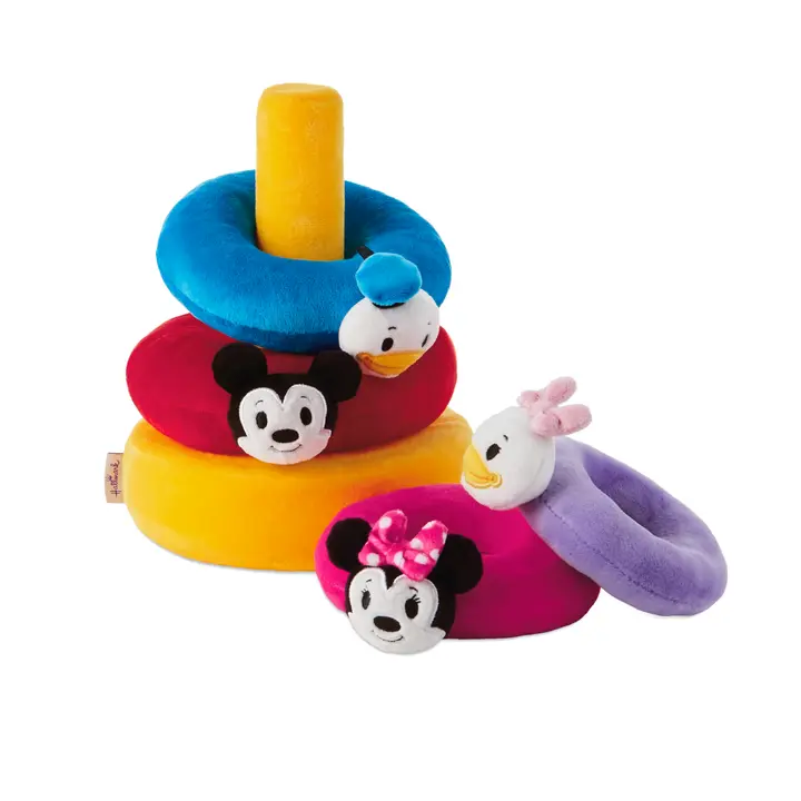 The itty bittys baby stacking toys have fabric hats and bows that can detach
