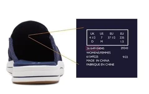 Recalled Clarks women's shoes - Location of shoe label including article number