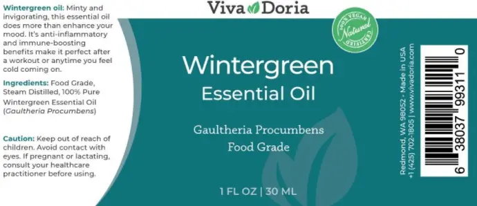 Photo from the official notice: Viva Doria Recalls Wintergreen Essential Oil Due to Failure to Meet Child Resistant Packaging Requirement; Risk of Poisoning (Recall Alert)