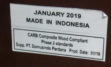 A label on the back of each recalled dresser displays the date of manufacture and "MADE IN INDONESIA."