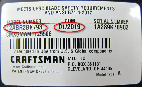 Model number and date of manufacture location