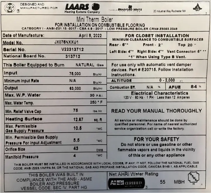 Boiler rating plate, showing model and serial number